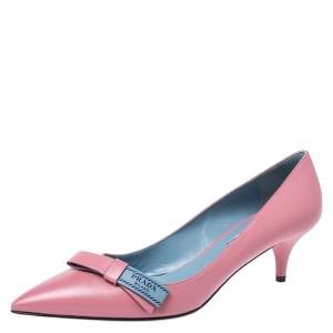 Pre Owned Prada Pink Leather Bow Detail Pointed Toe Pumps Size 39.5