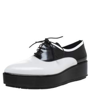 Pre Owned Prada Monochrome Leather Platform Oxford Pointed Toe Flats Size 38.5