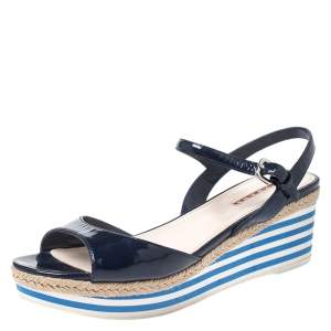 Prada Navy Blue Patent Leather Platform Stripe Wedge Ankle Strap Sandals Size 40