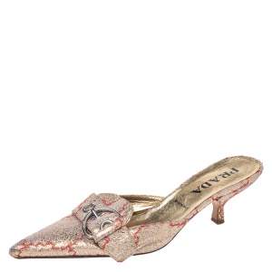 Prada Gold/Red Silk Brocade Mule Sandals Size 38