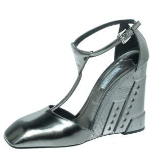 Prada Metallic Green T Strap Metal Embossed Wedge Sandals Size 41