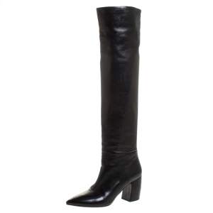 Pre Owned Prada Black Leather Knee Length Boots Size 37