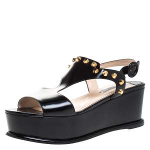 Prada Black Leather T-Strap Wedge Platform Studded Slingback Sandals Size 40