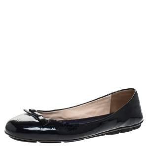 Pre Owned Prada Dark Blue Patent Leather Bow Ballet Flats Size 39