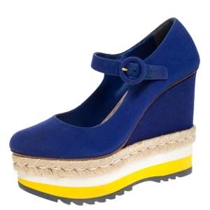 Pre Owned Prada Blue Canvas Mary Jane Platform Wedge Pumps Size 36