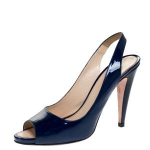 Prada Blue Patent Leather Peep Toe Slingback Sandals Size 40