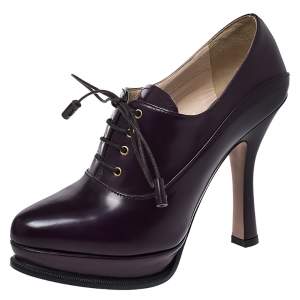 Pre Owned Prada Purple Leather Lace Up Platform Booties Size 36.5