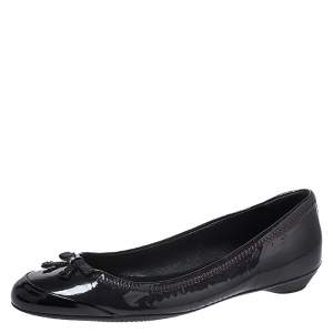 Pre Owned Prada Dark Purple/Black Patent Leather Bow Detail Ballet Flats Size 35