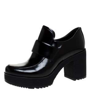 Pre Owned Prada Black Leather Block Heel Platform Loafer Pumps Size 37.5