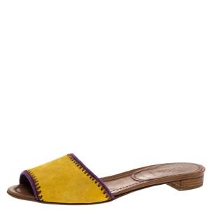 Pre Owned Prada Yellow Suede Leather Flat Slides Size 40.5