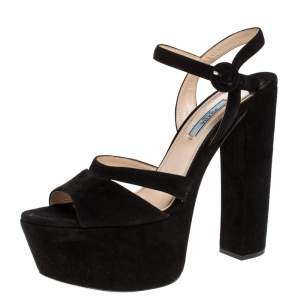 Prada Black Suede Ankle Strap Block Heel Platform Sandals Size 39