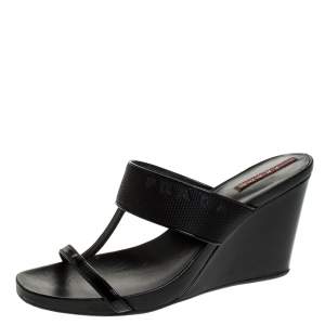 Pre Owned Prada Black Patent Leather And Nylon T-Strap Wedge Slide Sandals Size 38.5
