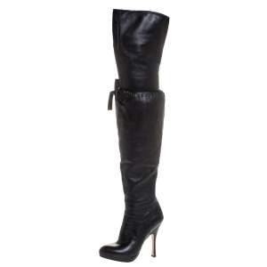 Pre Owned Prada Black Leather Over The Knee Boots Size 38.5