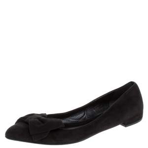 Pre Owned Prada Black Suede Fabric Bow Ballet Flats Size 38.5