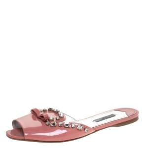 Pre Owned Prada Coral Pink Patent Leather Crystal And Bow Embellished Flat Slides Size 40