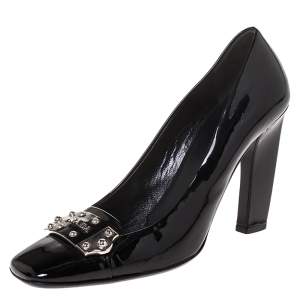 Prada Black Patent Leather Logo Detail Pumps Size 38