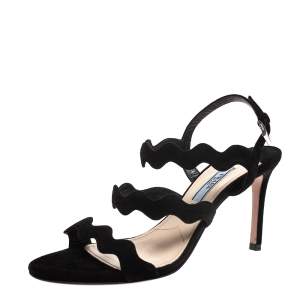 Prada Black Suede Scalloped Open Toe Sandals Size 36.5 