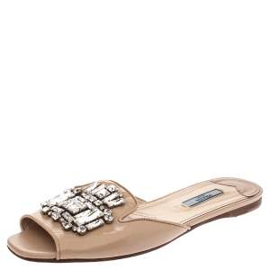 Prada Beige Patent Saffiano Leather Crystal Embellished Flat Slides Size 38.5