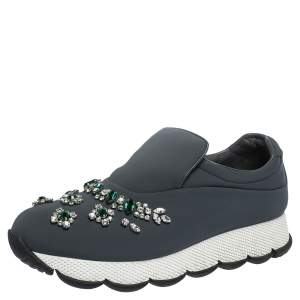 Pre Owned Prada Grey Stretch Fabric Crystal Embellished Sneakers Size 38
