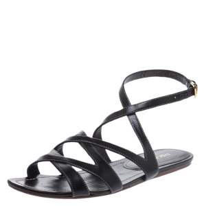 Prada Black Leather Strappy Ankle Strap Flat Sandals Size 37