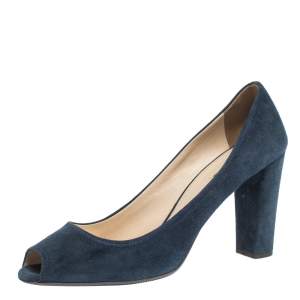 Pre Owned Prada Blue Suede Block Heel Peep Toe Pumps Size 41