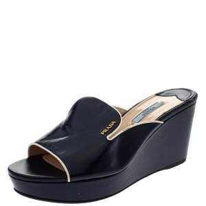 Prada Navy Blue Saffiano Patent  Leather Wedge Slide Sandal Size 38