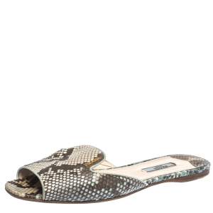 Pre Owned Prada Beige/Brown Python Leather Flat Slides Size 39