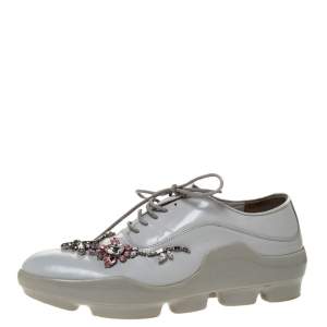 Prada White Crystal Embellished Leather Lace Up Sneakers Size 37.5