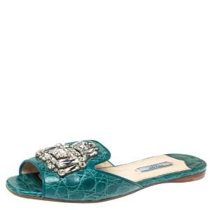 Prada Teal Croc Embossed Leather Crystal Embellished Flat Slides Size 37
