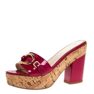 Pre Owned Prada Pink Patent Leather Embellished Open Toe Cork Platform Block Heel Sandals Size 38