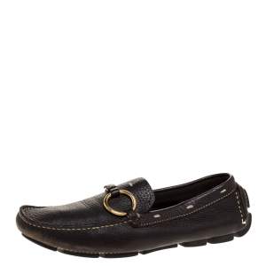 Pre Owned Prada Dark Brown Grained Leather Ring Buckle Loafers Size 35