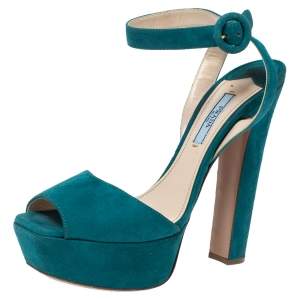 Pre Owned Prada Teal Suede Platform Block Heel Ankle Strap Sandals Size 37.5