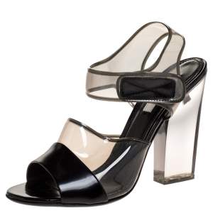 Pre Owned Prada Black Leather And PVC Ankle Strap Lucite Heel Sandals Size 37