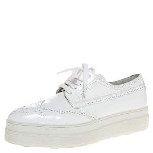 Pre Owned Prada White Wingtip Brogue Leather Platform Derby Size 39.5