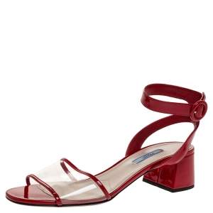 Pre Owned Prada Red Patent and PVC Ankle Strap Block Heel Sandals Size 39.5