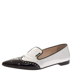 Pre Owned Prada Silver/Black Brogue Leather Pointed Toe Smoking Slippers Size 37