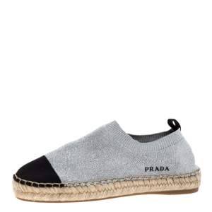 Pre Owned Prada Shimmery Silver Knit Lurex Espadrille Size 36.5