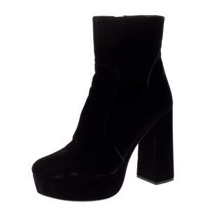 Pre Owned Prada Black Velvet Block Heel Platform Ankle Boots Size 38.5