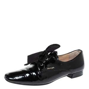 Pre Owned Prada Black Patent Leather Lace Up Derby Size 37.5