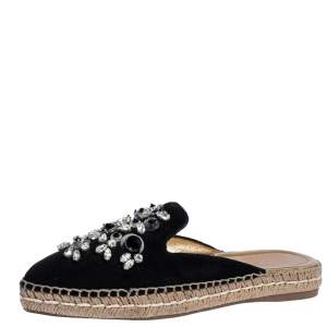 Pre Owned Prada Black Suede Crystal Embellished Pointed Toe Espadrille Mules Size 36