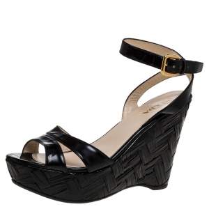 Pre Owned Prada Black Patent Leather Straw Wedge Ankle Wrap Sandals Size 39