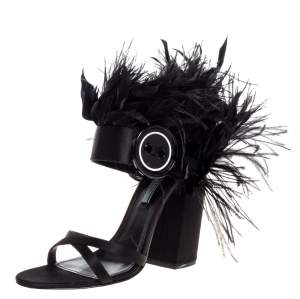 Pre Owned Prada Black Satin Ostrich Feather Trim Block Heel Sandals Size 40