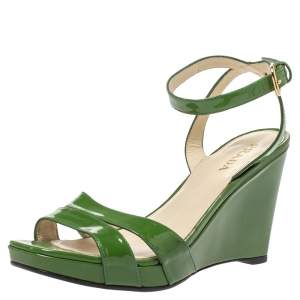 Pre Owned Prada Green Patent Leather Wedge Platform Ankle Strap Sandals Size 39