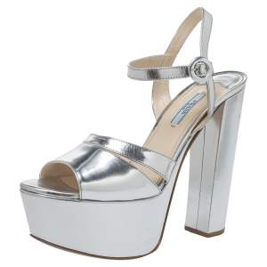 Pre Owned Prada Metallic Silver Leather Platform Block Heel Ankle Strap Sandals Size 40
