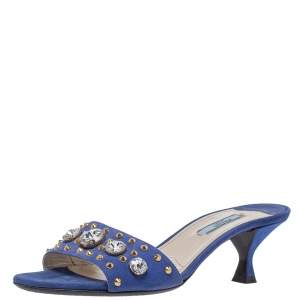 Pre Owned Prada Blue Suede Crystal Embellished Open Toe Sandals Size 37.5