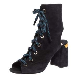 Pre Owned Prada Blue Suede Cut Out Lace Up Open Toe Block Heel Ankle Boots Size 40