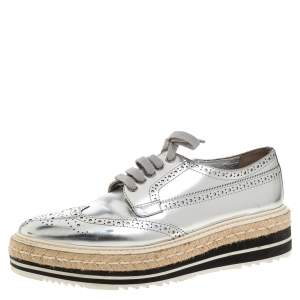 Pre Owned Prada Silver Glossy Brogue Leather Derby Espadrille Sneakers Size 39.5