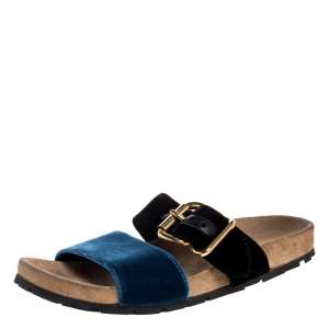 Pre Owned Prada Black/Blue Velvet Slide Flat Sandals Size 36