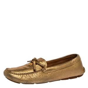 Pre Owned Prada Metallic Gold Leather Bow Slip On Loafers Size 39