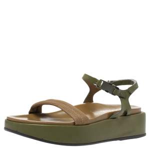 Pre Owned Prada Two-Tone Nylon And Leather Velcro Slingback Platform Sandals Size 39.5
